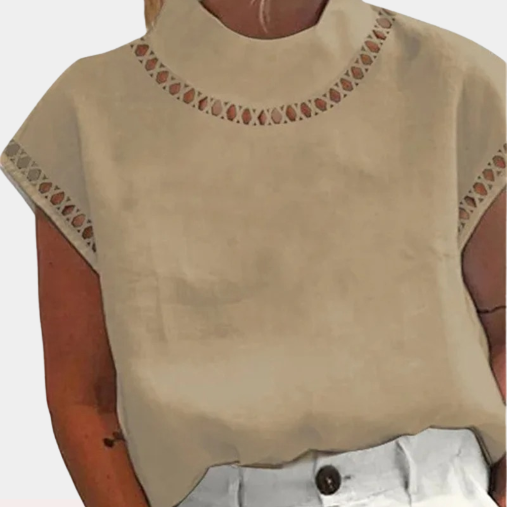 Women's Lace Blouse - High Neck - Short Sleeve Elegant Cut-Out Detailing Loose Fit