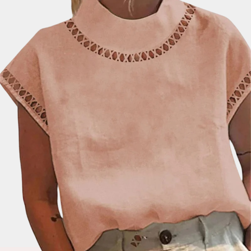 Women's Lace Blouse - High Neck - Short Sleeve Elegant Cut-Out Detailing Loose Fit