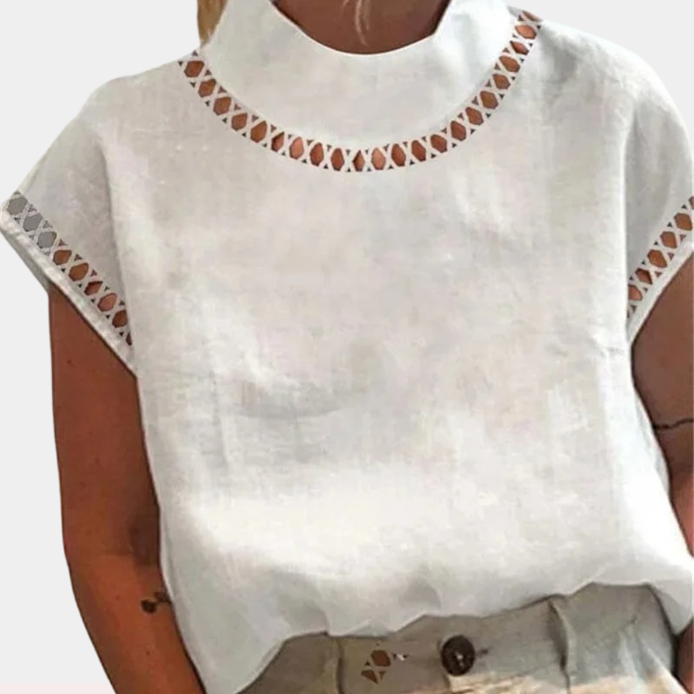 Women's Lace Blouse - High Neck - Short Sleeve Elegant Cut-Out Detailing Loose Fit