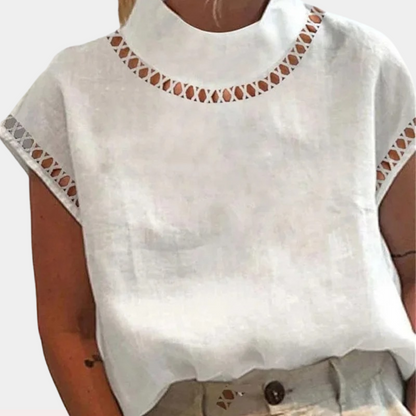 Women's Lace Blouse - High Neck - Short Sleeve Elegant Cut-Out Detailing Loose Fit