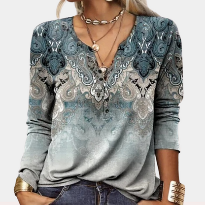 Women's V-Neck Blouse - Long Sleeve - Relaxed Fit - Floral Print Casual Top