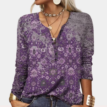 Women's V-Neck Blouse - Long Sleeve - Relaxed Fit - Floral Print Casual Top
