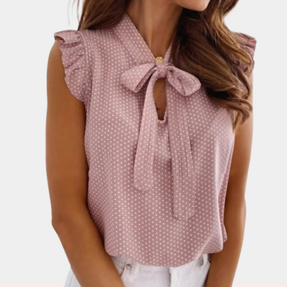 Women's Sleeveless Blouse - Polka Dot - High Neck Bow Tie - Flowing Lightweight Fit