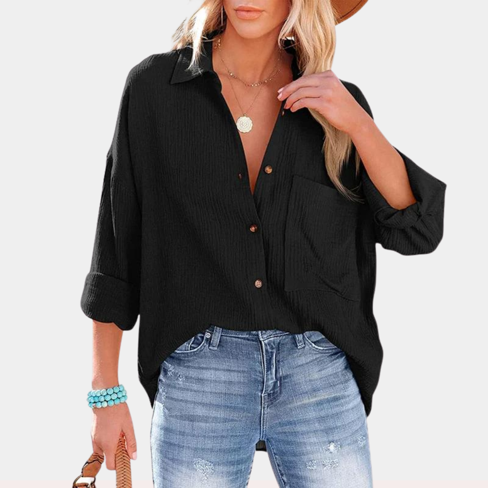 Women's Oversized Button-Up Shirt - Soft Cotton - Long Sleeve - Relaxed Fit