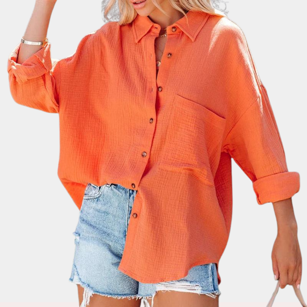 Women's Oversized Button-Up Shirt - Soft Cotton - Long Sleeve - Relaxed Fit
