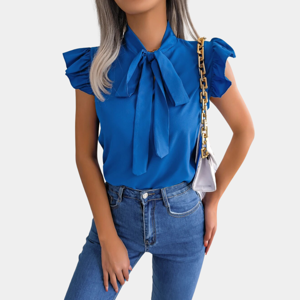 Women's Blouse - High Neck Bow Tie - Short Ruffle Sleeve - Chic Semi-Formal Wear