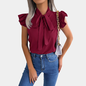 Women's Blouse - High Neck Bow Tie - Short Ruffle Sleeve - Chic Semi-Formal Wear