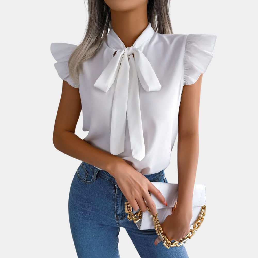 Women's Blouse - High Neck Bow Tie - Short Ruffle Sleeve - Chic Semi-Formal Wear