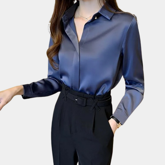 Tailored Satin Button-Up Collared Blouse