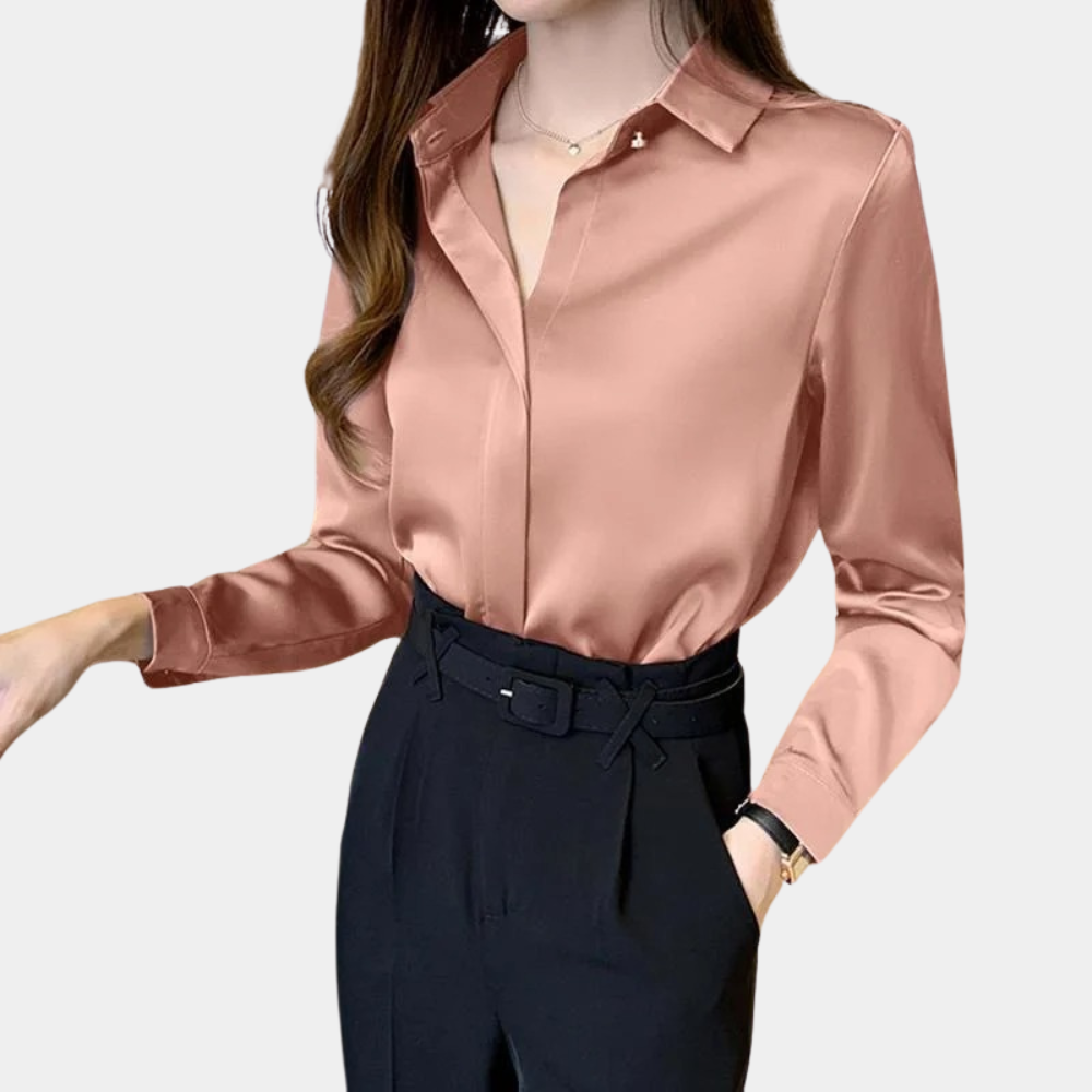 Women's Satin Blouse - Button-Up Collared - Tailored Fit - Long Sleeve Elegant Style