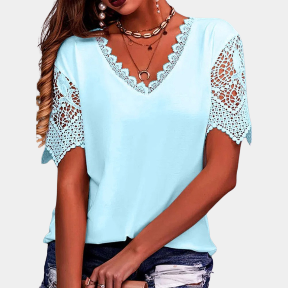 Women's V-Neck Lace Trim Top – Short Sleeve – Relaxed Fit – Elegant & Casual