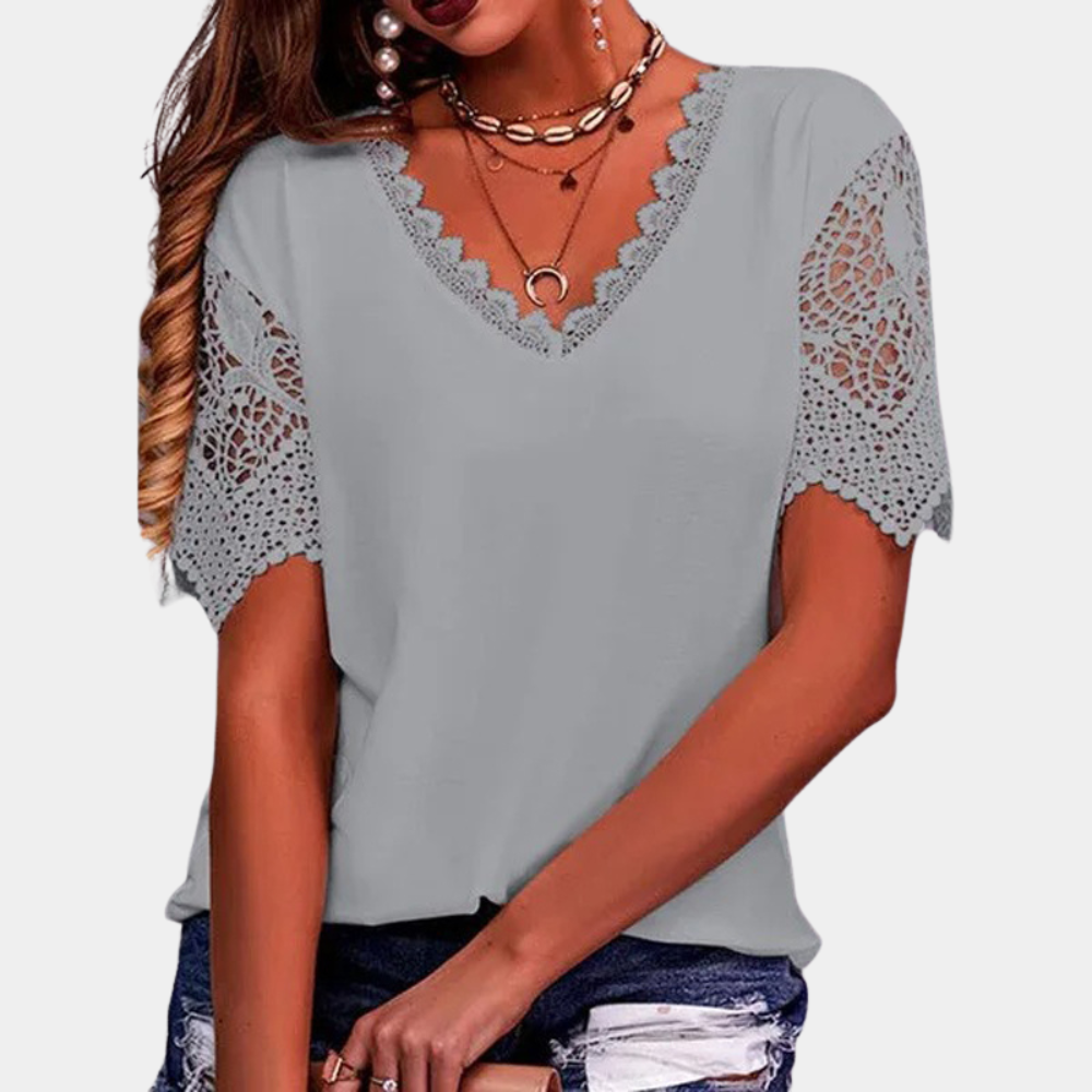 Women's V-Neck Lace Trim Top – Short Sleeve – Relaxed Fit – Elegant & Casual
