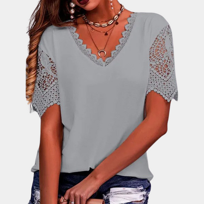 Women's V-Neck Lace Trim Top – Short Sleeve – Relaxed Fit – Elegant & Casual