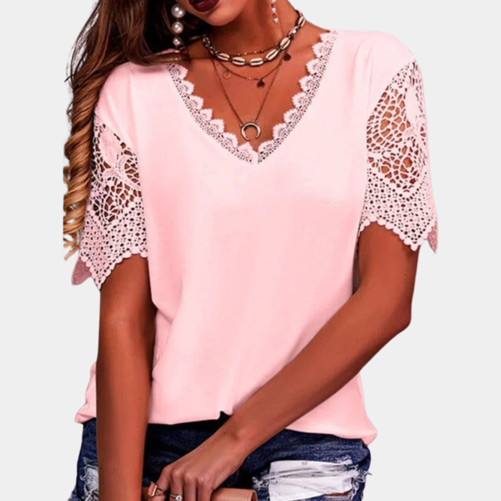 Women's V-Neck Lace Trim Top – Short Sleeve – Relaxed Fit – Elegant & Casual