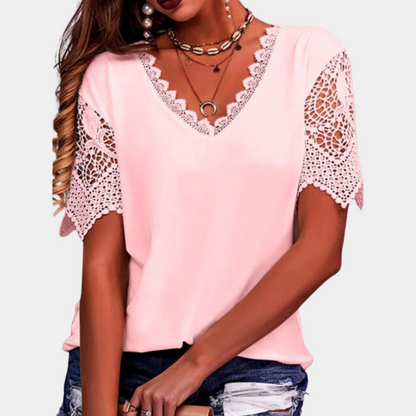 Women's V-Neck Lace Trim Top – Short Sleeve – Relaxed Fit – Elegant & Casual