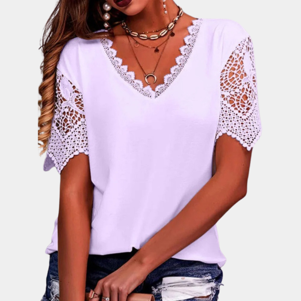 Women's V-Neck Lace Trim Top – Short Sleeve – Relaxed Fit – Elegant & Casual