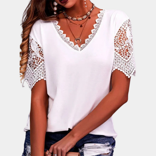 Lace Trim Relaxed Fit V-Neck Top