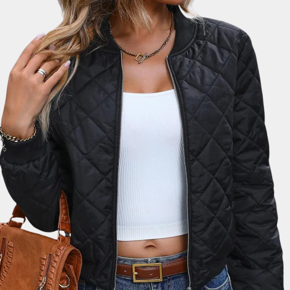 Women's plaid slim fit baseball jacket with stand collar