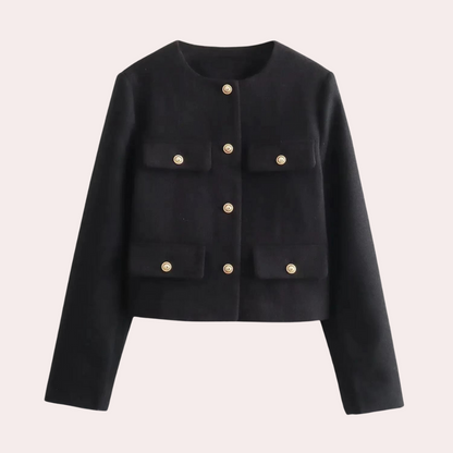 Women’s loose fit short jacket with round neck and flap decoration