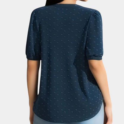 Women's Blouse - V-Neck Henley - Button Front - Short Puff Sleeves - Relaxed Fit