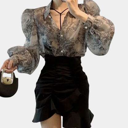 Women's Sheer Blouse - Puff Sleeve - Tailored Fit - Button-Up Elegant Design