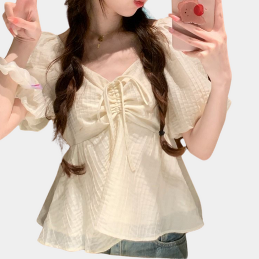 Flowy Puff Sleeve Ruched Lace-Up Blouse