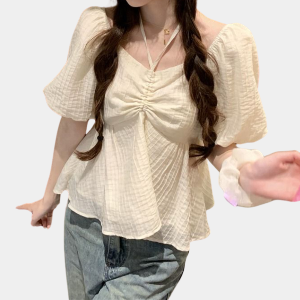 Women's V-Neck Blouse - Puff Sleeve - Flowy Fit - Ruched Front with Lace-Up Detail