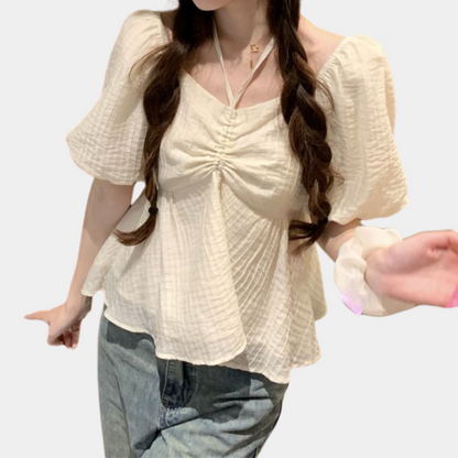 Women's V-Neck Blouse - Puff Sleeve - Flowy Fit - Ruched Front with Lace-Up Detail