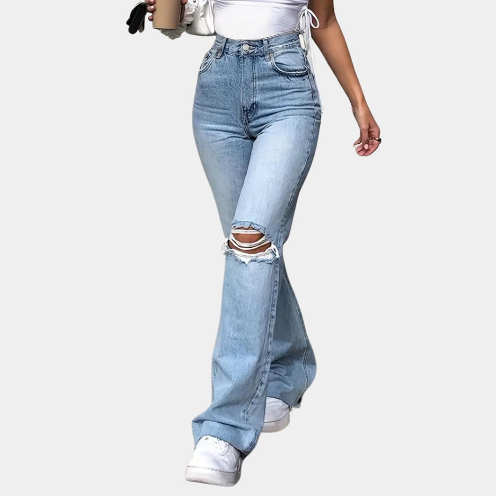 Ripped wide leg flared denim pants for women