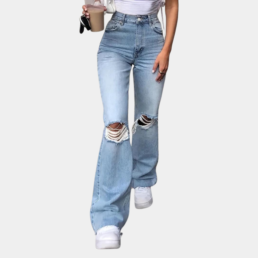 Ripped wide leg flared denim pants for women