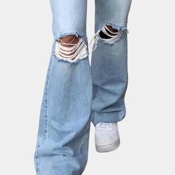 Ripped wide leg flared denim pants for women