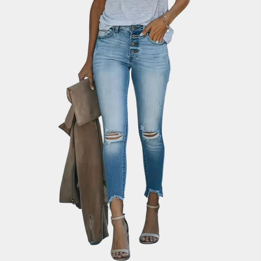 High Elastic Mid-Waist Hole Design Jeans