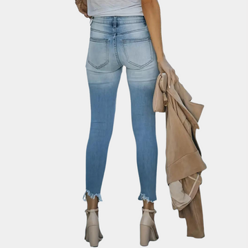 Women's mid-waist nine-point jeans with high elastic and hole design