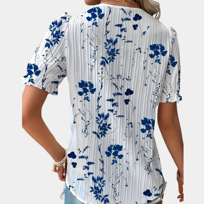Women's Blouse - Lace Trim V-Neck - Puff Short Sleeve - Relaxed Fit Lightweight
