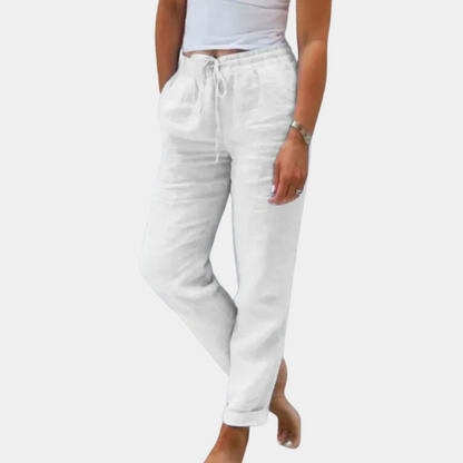 Women's Linen Pants - Relaxed Fit - Drawstring Waist - Straight Leg with Pockets
