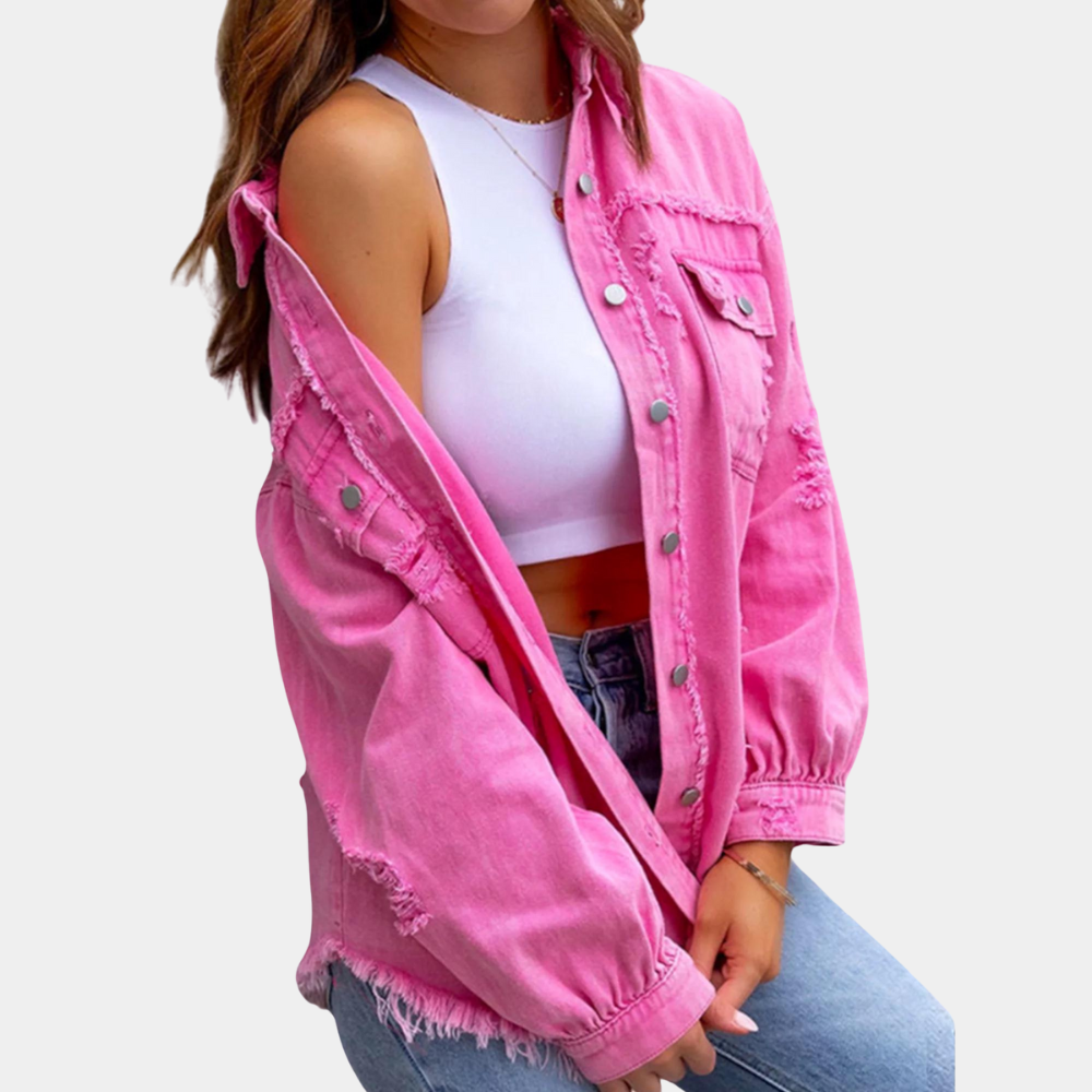 Women's Denim Jacket - Distressed Oversized Fit - Frayed Hem - Long Sleeve Casual Wear