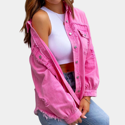 Women's Denim Jacket - Distressed Oversized Fit - Frayed Hem - Long Sleeve Casual Wear
