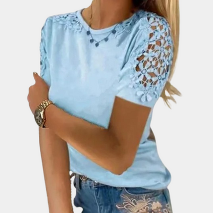 Women's Short-Sleeve Top - Round Neck - Crochet Lace Shoulder Detail - Relaxed Fit
