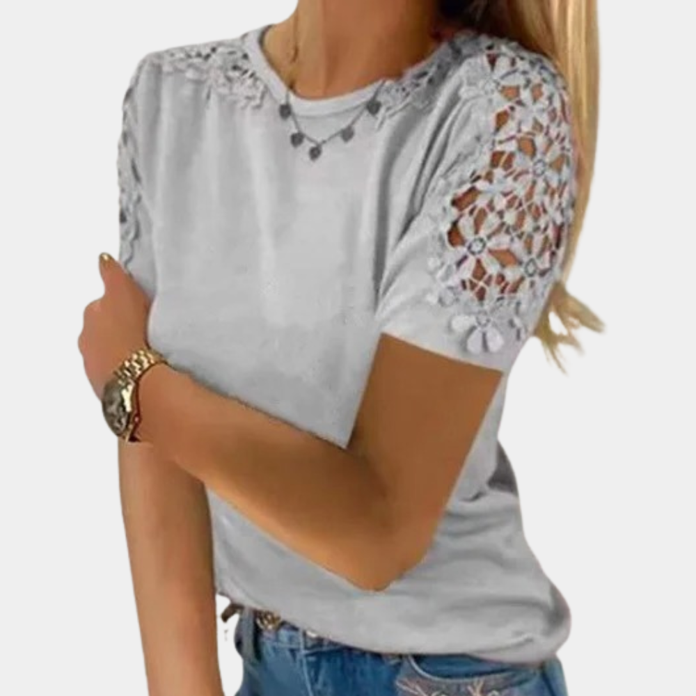 Women's Short-Sleeve Top - Round Neck - Crochet Lace Shoulder Detail - Relaxed Fit
