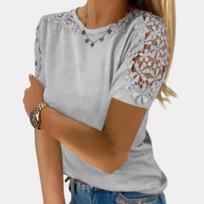 Women's Short-Sleeve Top - Round Neck - Crochet Lace Shoulder Detail - Relaxed Fit
