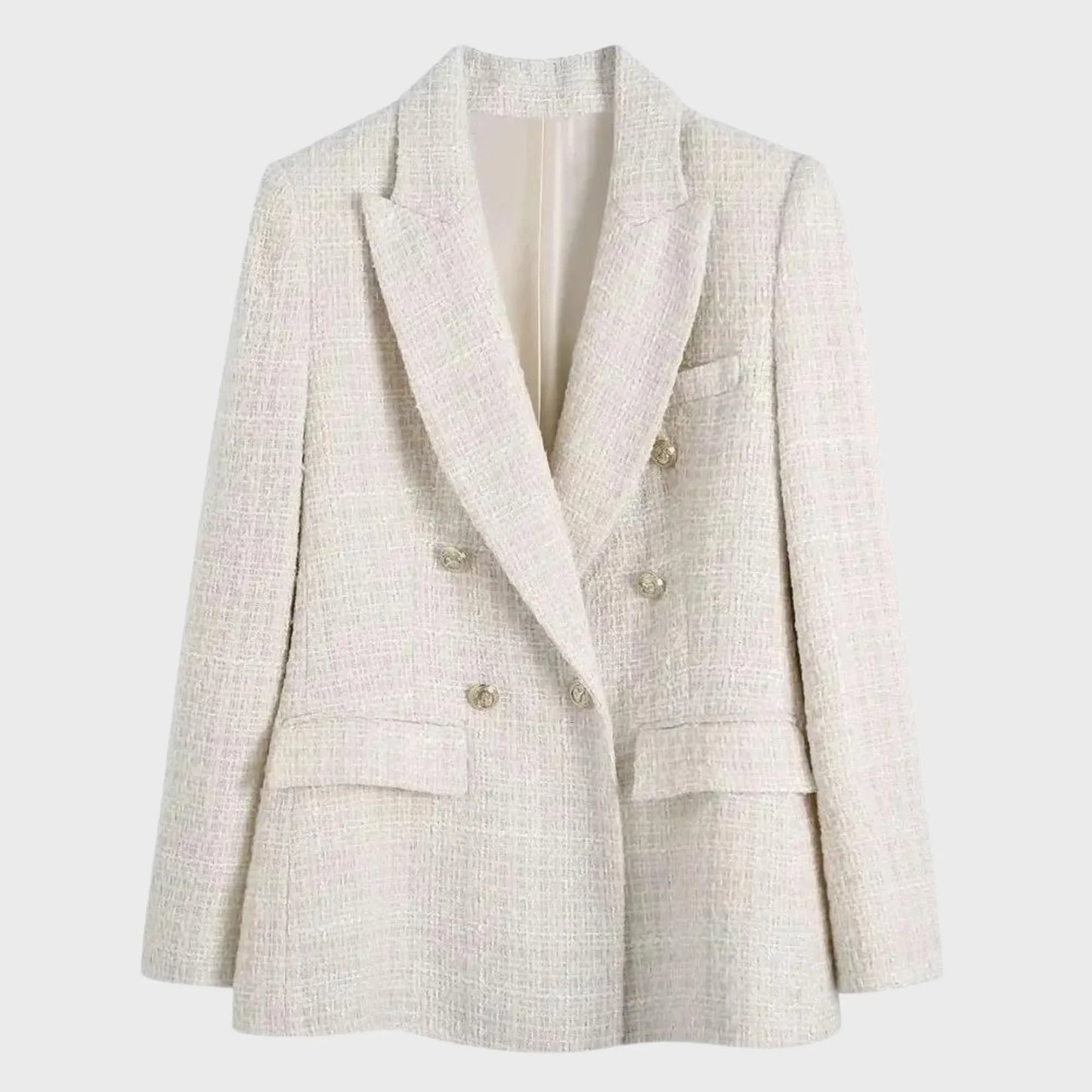 Women’s Blazer – Double-Breasted Tailored Fit – Notched Lapels – Textured Weave – Flap Pockets