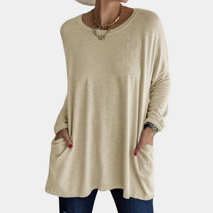 Women's Oversized Tunic Sweater - Long Sleeve - Round Neck - Front Pockets