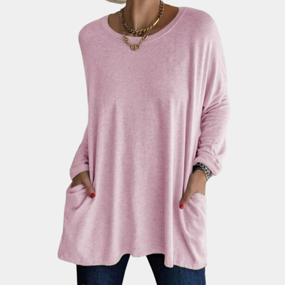 Women's Oversized Tunic Sweater - Long Sleeve - Round Neck - Front Pockets