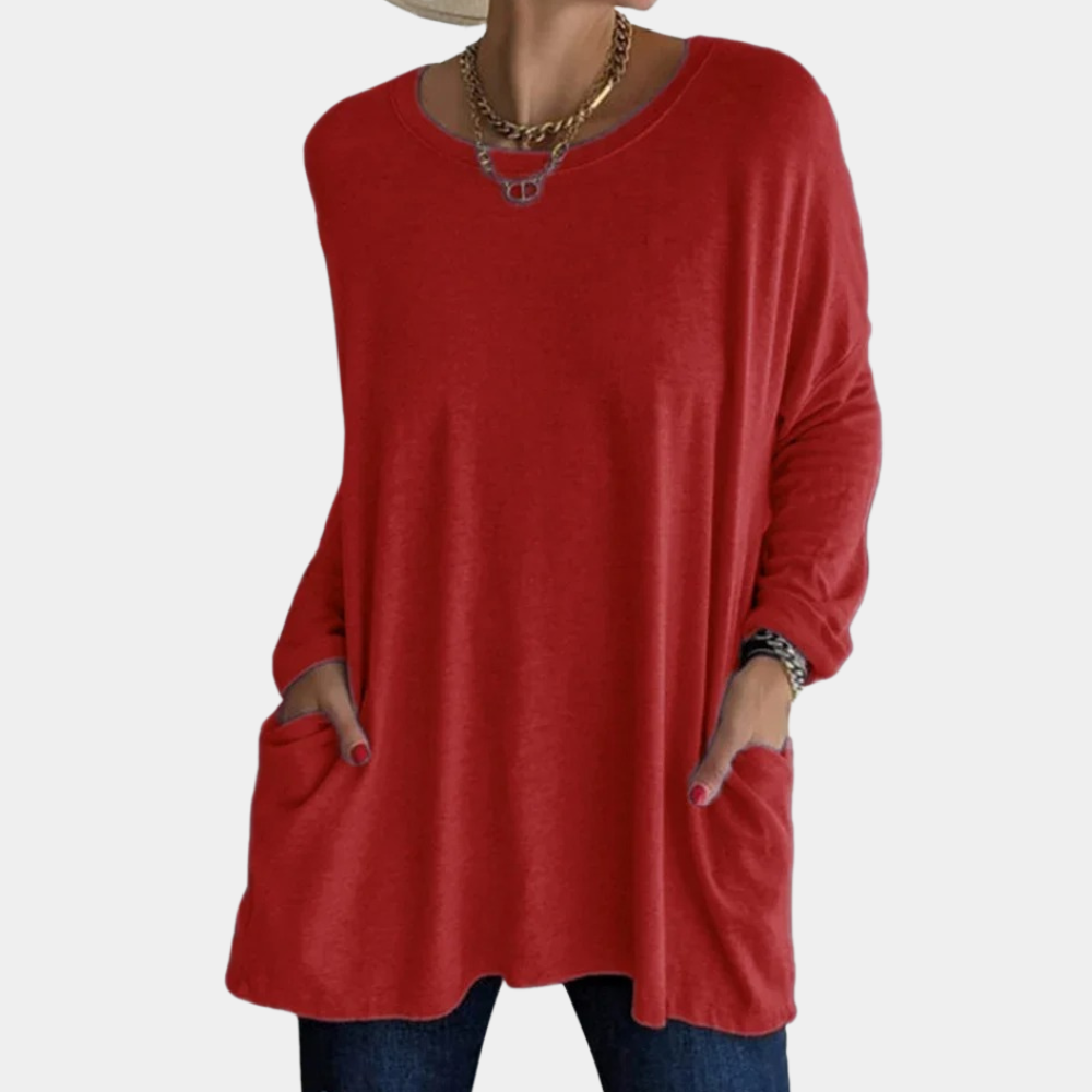 Women's Oversized Tunic Sweater - Long Sleeve - Round Neck - Front Pockets