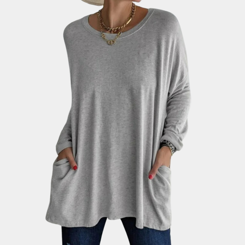 Women's Oversized Tunic Sweater - Long Sleeve - Round Neck - Front Pockets
