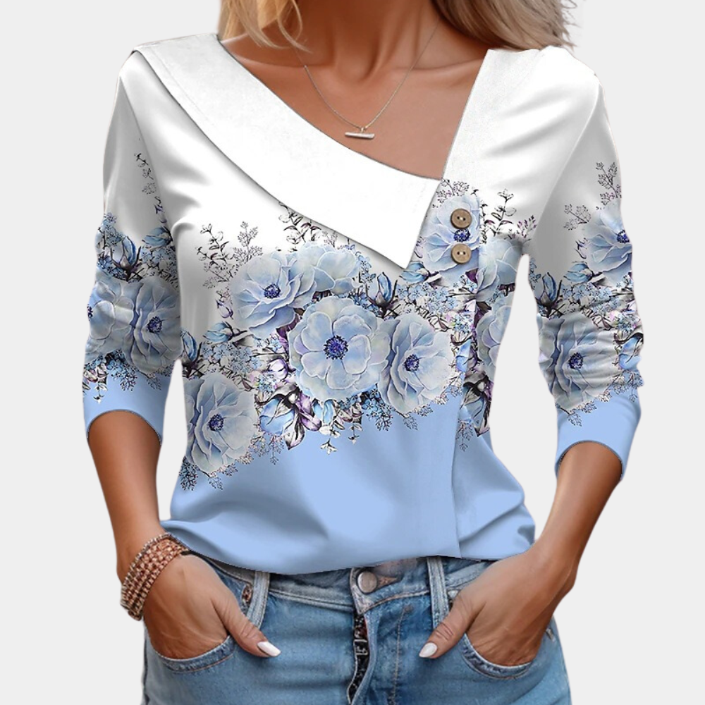 Women's Blouse - Floral Print - Asymmetrical Collar - 3/4 Sleeve Relaxed Fit