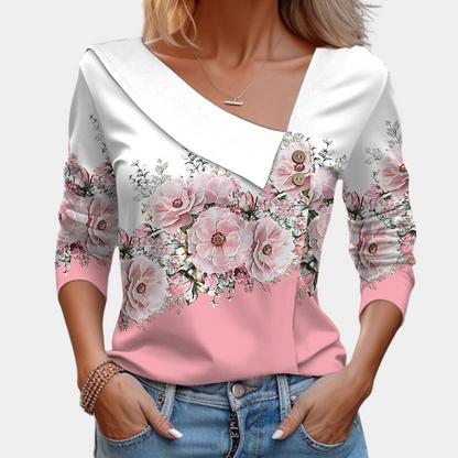 Women's Blouse - Floral Print - Asymmetrical Collar - 3/4 Sleeve Relaxed Fit