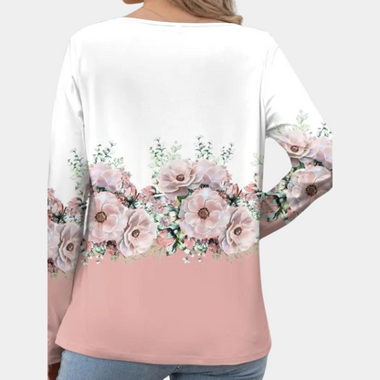 Women's Blouse - Floral Print - Asymmetrical Collar - 3/4 Sleeve Relaxed Fit