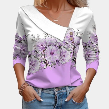 Women's Blouse - Floral Print - Asymmetrical Collar - 3/4 Sleeve Relaxed Fit