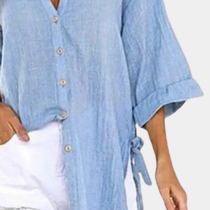 Women's Button-Up Shirt - Long Sleeve - Relaxed Fit - Side Tie Detail - Casual Wear